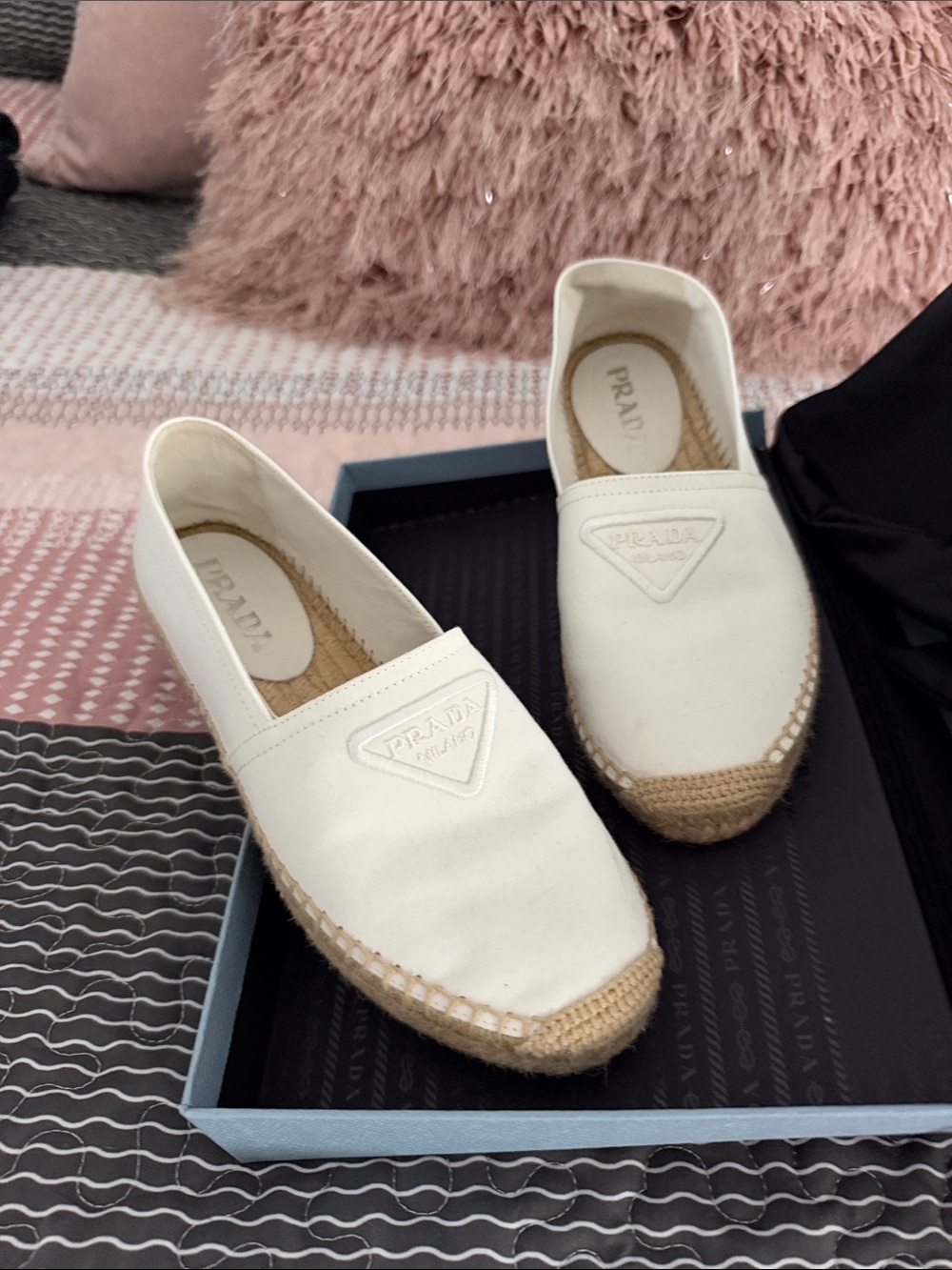 Prada White Canvas Espadrille Slip-On Shoes